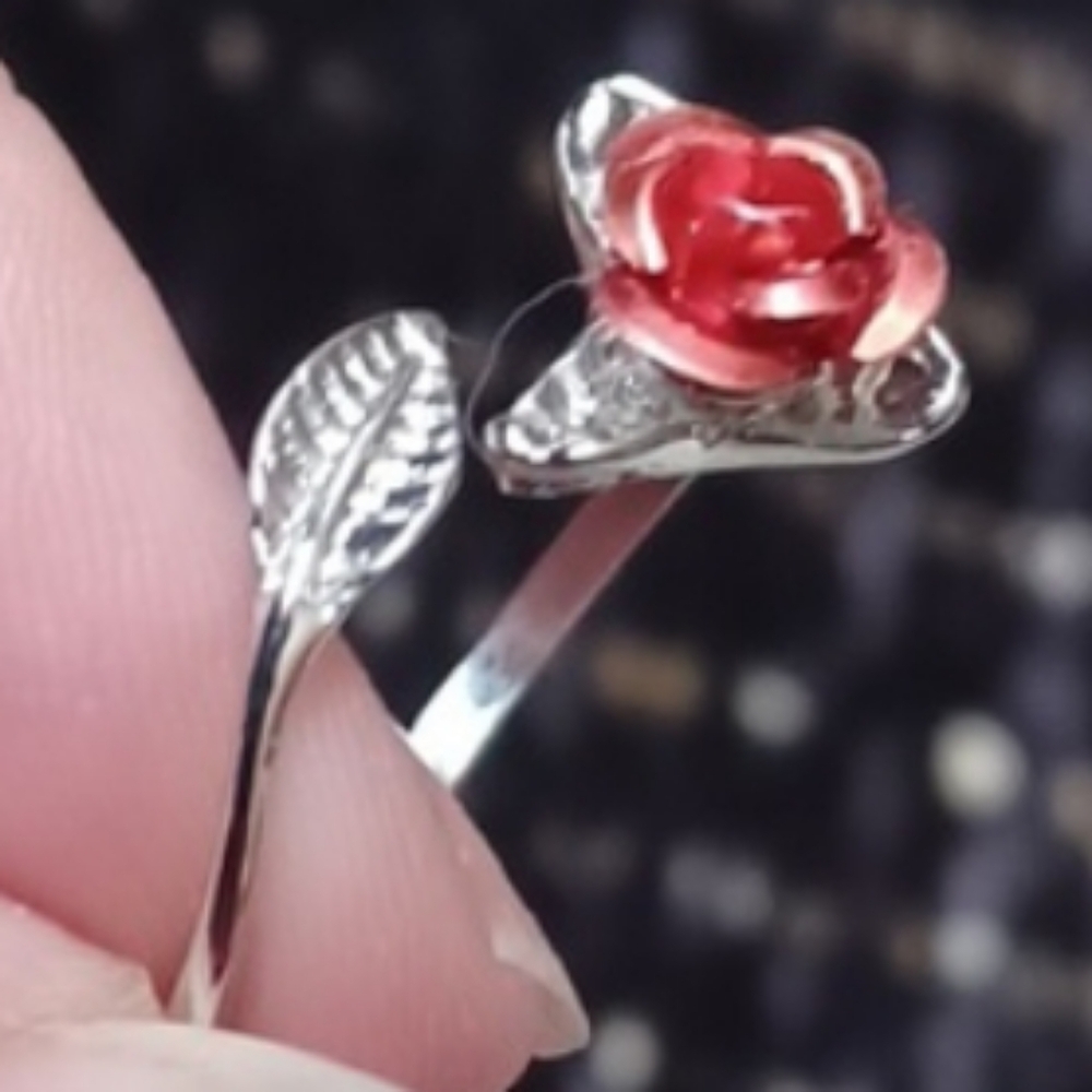 4/$60 New Elegant Silver Ring with Red Rose Accent - Adjustable Size
